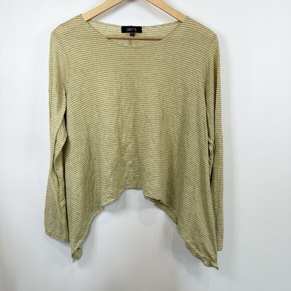 Comfy USA Top Womens Large Yellow Butter Striped Long-Sleeve Lagenlook Crinkle - Picture 1 of 10